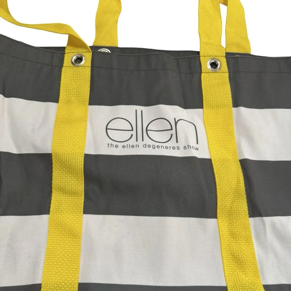 Ellen DeGeneres Tote Bag Canvas Cotton Yellow Gray White Striped